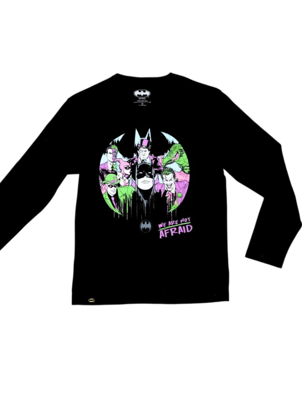 DC Comics Batman "Not Afraid" Youth Long Sleeve Black Graphic Tee Size 14